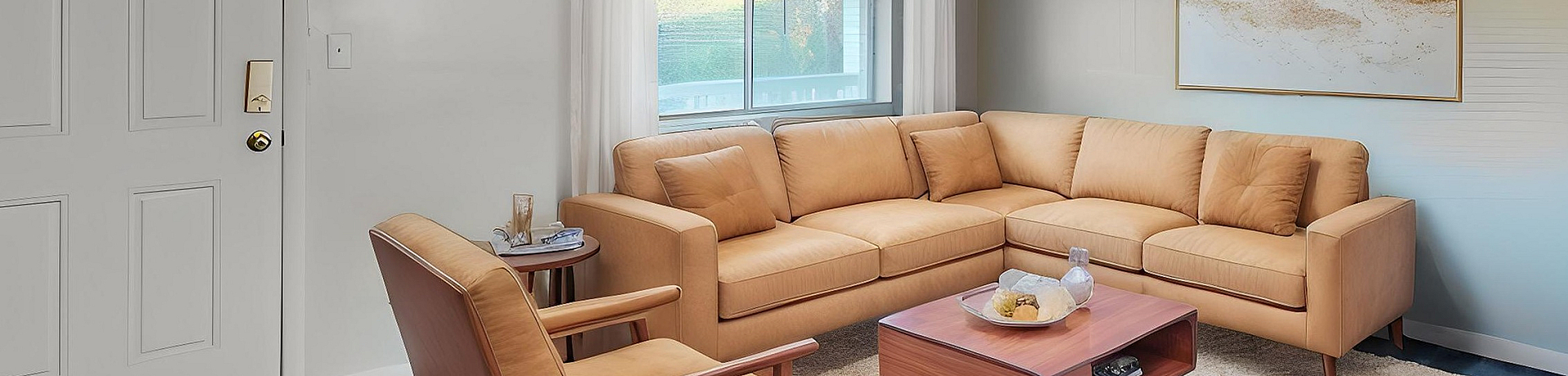 Inviting living room with elegant wood flooring, featuring a plush tan sectional and matching armchair. Bright, airy atmosphere enhanced by large windows and tasteful wall art.