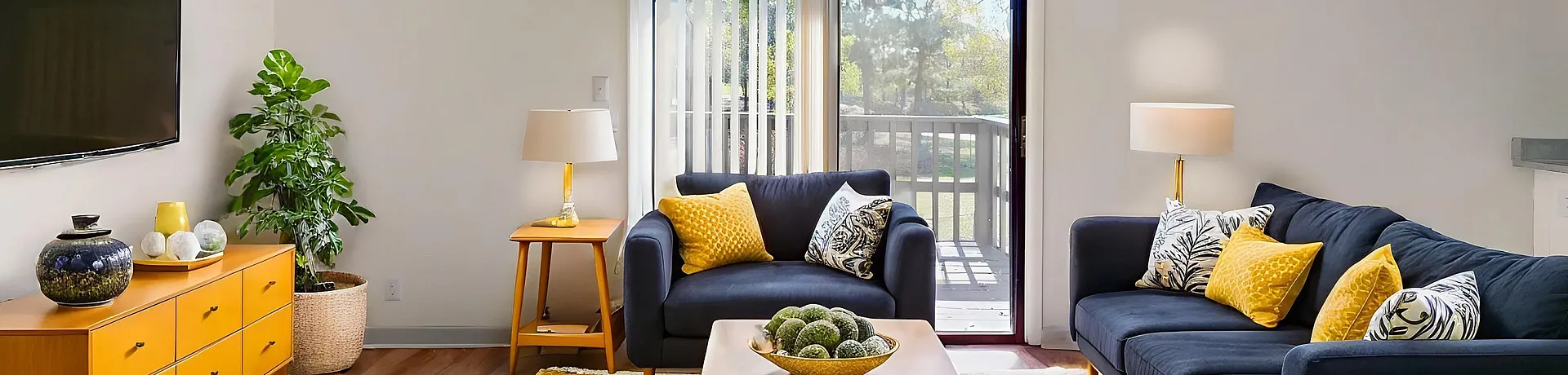 Bright and cozy living room with stylish navy sofas, yellow accents, and a modern entertainment setup. Inviting natural light from a scenic balcony view completes this charming space.