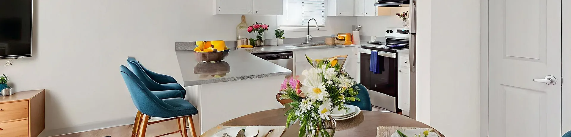 Chic open-concept kitchen and dining area with modern decor, featuring a round wooden table set for dining, elegant teal chairs, and a sleek countertop with fresh fruit and floral accents.