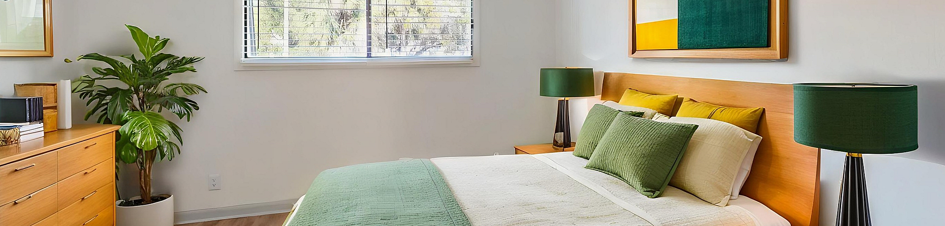 Inviting bedroom with modern decor, featuring a comfortable bed, stylish wooden furniture, and vibrant wall art in a bright, sunlit space.