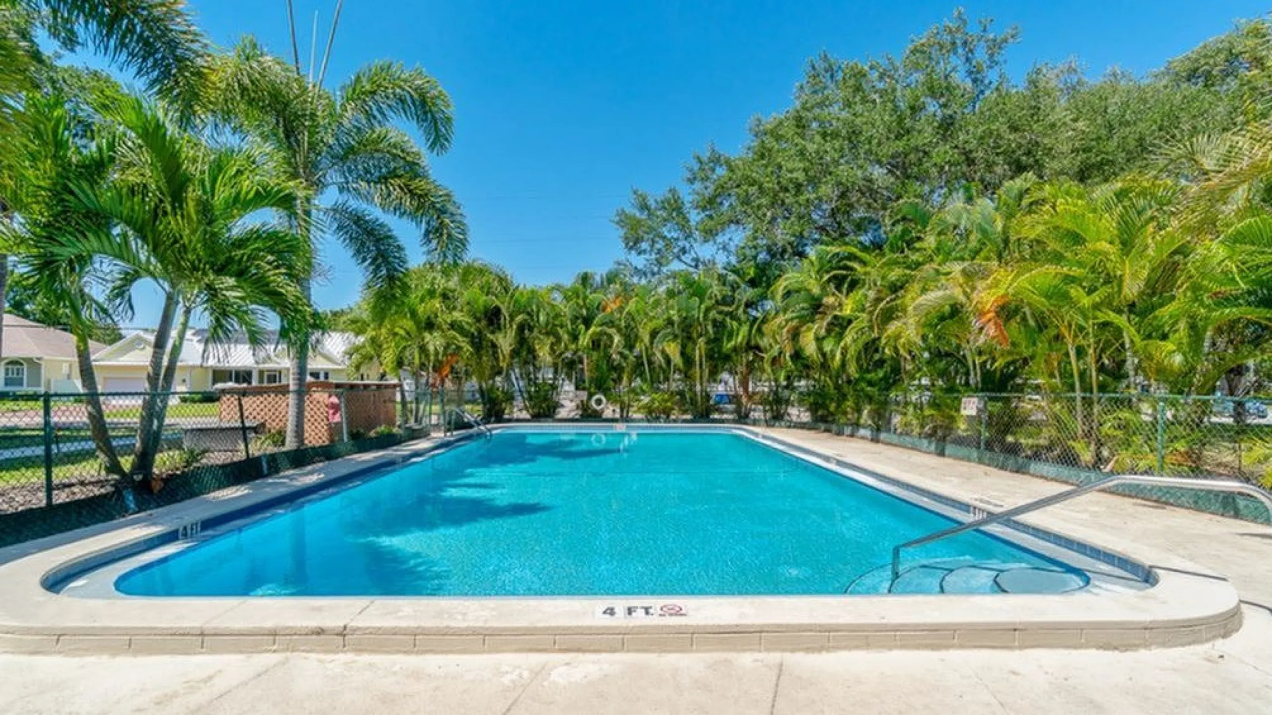 Inviting outdoor pool surrounded by lush palm trees and vibrant greenery, perfect for relaxation and recreation in a sunny setting.