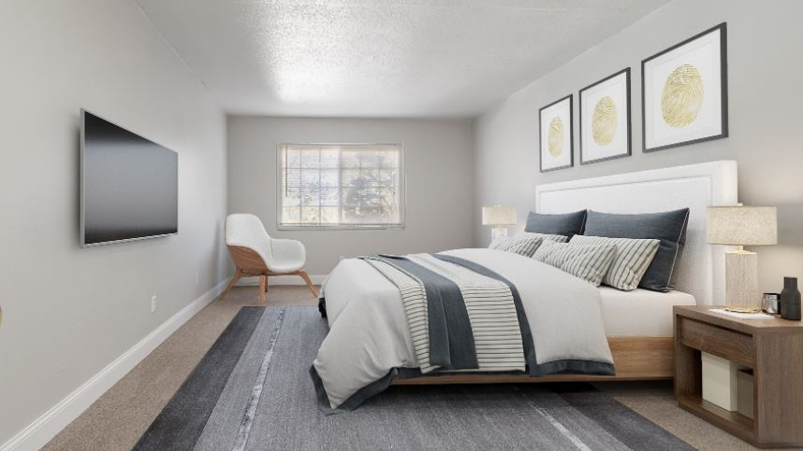 Bright and modern bedroom featuring elegant decor, a cozy bed with stylish bedding, wall-mounted TV, and serene natural light filtering through the window.