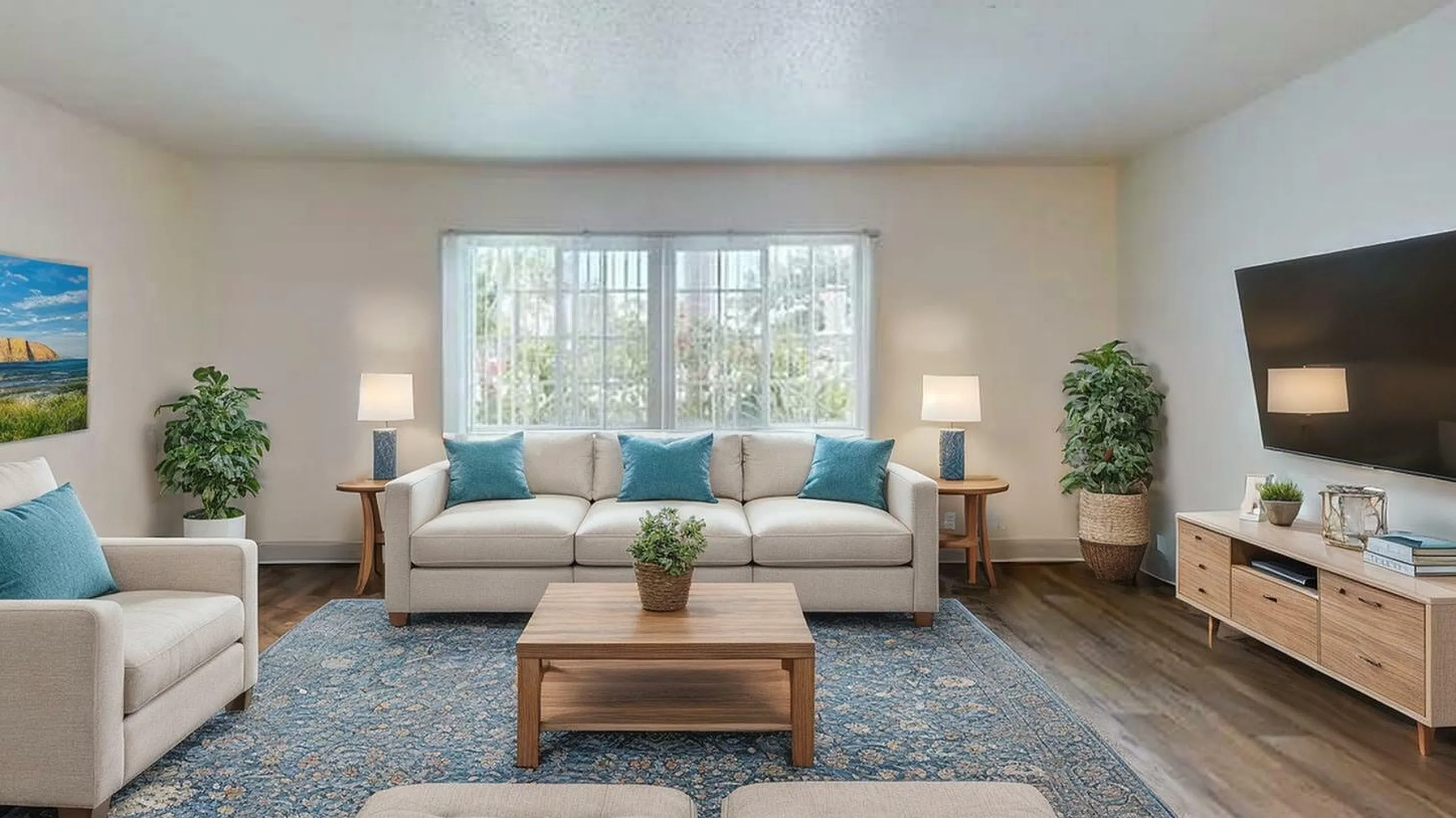 Inviting living room with natural light, featuring a cozy beige sofa, elegant decor, and stylish accents in a modern open space.
