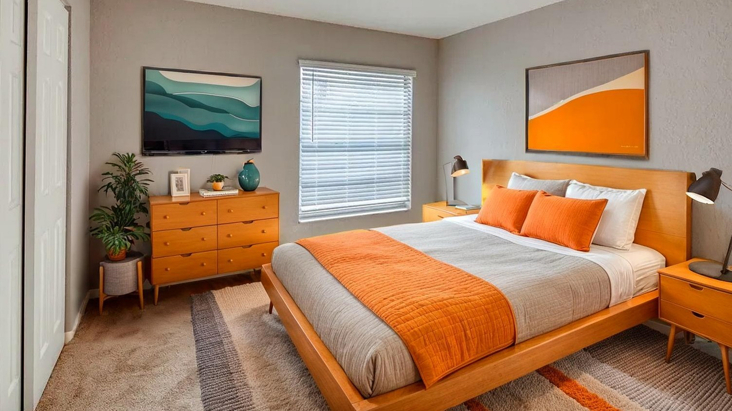 Modern bedroom featuring a cozy bed with orange accents, stylish wooden furniture, and vibrant artwork, creating a warm and inviting atmosphere.