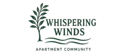 Whispering Winds Apartment Community logo with a serene tree and flowing wind design.