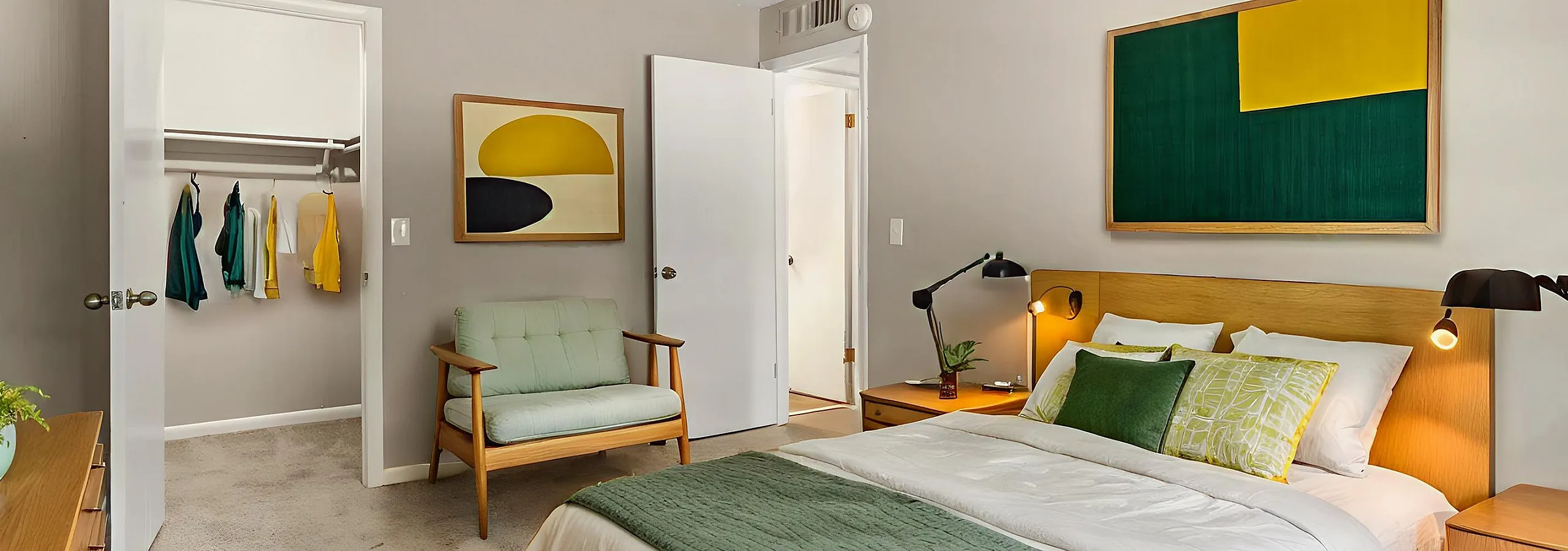 Elegant bedroom with stylish mid-century decor, featuring a cozy bed with green and yellow accents, a modern chair, and vibrant artwork.