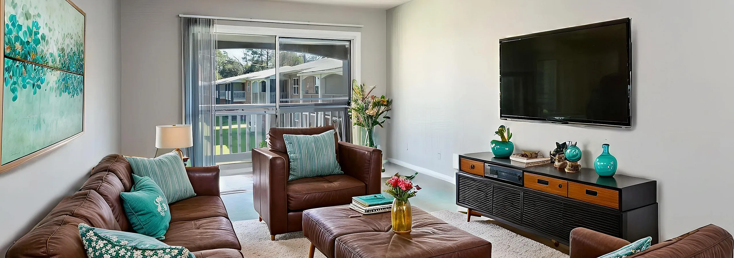 Inviting living room with modern leather sofas, vibrant decor, a large flat-screen TV, and a sunlit view through sliding glass doors.