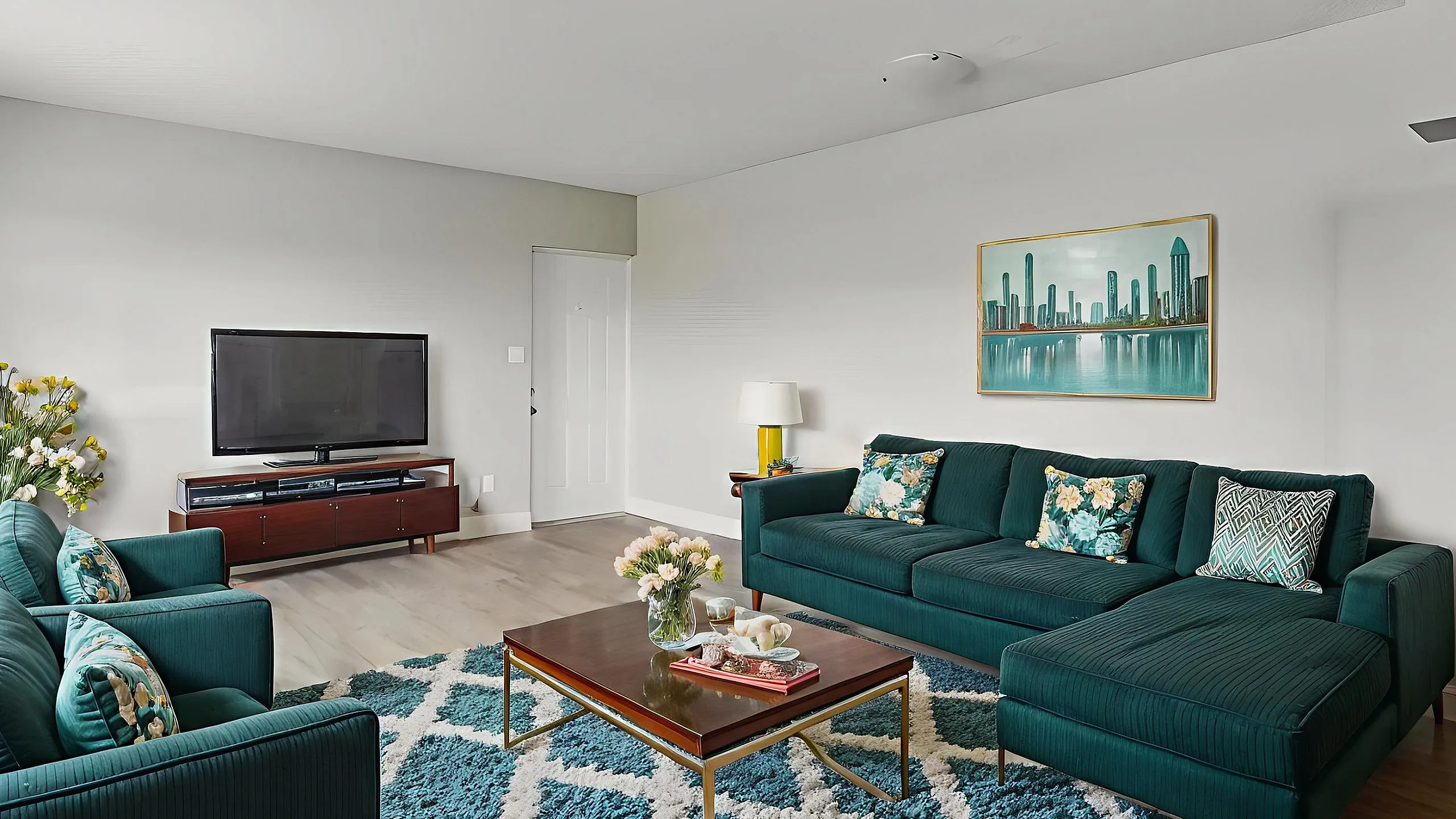 Modern living room with elegant teal sofas, stylish floral cushions, and a sleek entertainment unit, complemented by vibrant artwork and fresh flowers.