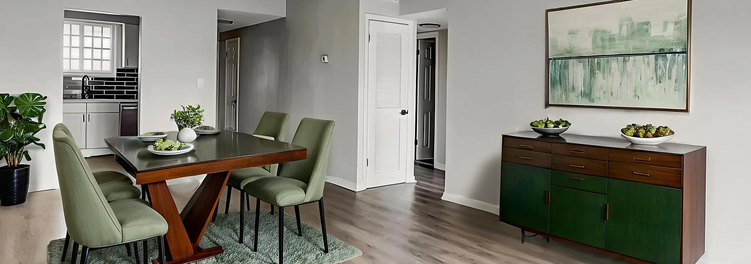 Modern living and dining area with elegant green accents, chic furniture, and bright natural lighting leading to a stylish kitchen.