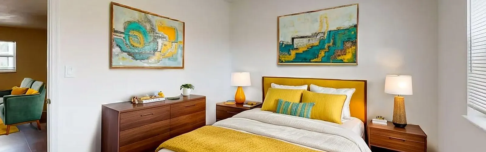 Bright and inviting bedroom with colorful modern art, cozy yellow accents, and warm wooden furnishings, offering a cheerful, welcoming ambiance.