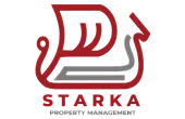 Sleek red and gray logo design for Starka Property Management, featuring a modern abstract sailboat on a black background.