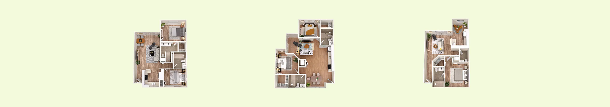 Elegant floor plan trio showcasing modern open-concept layouts, spacious bedrooms, and inviting living areas ideal for contemporary living.