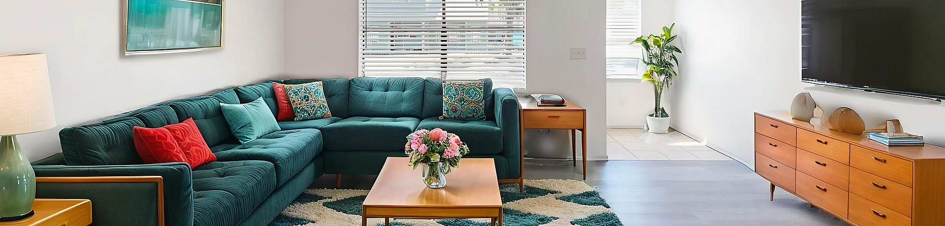 Bright and inviting living room with a luxurious teal sectional sofa, vibrant cushions, and modern decor, perfect for relaxation and entertaining.