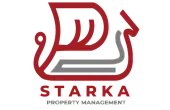 Bold and modern logo for Starka Property Management featuring a stylized red ship sail design.