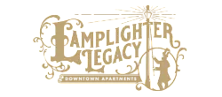 Artistic logo for Lamplighter Legacy Apartments featuring elegant vintage design with lamppost details.