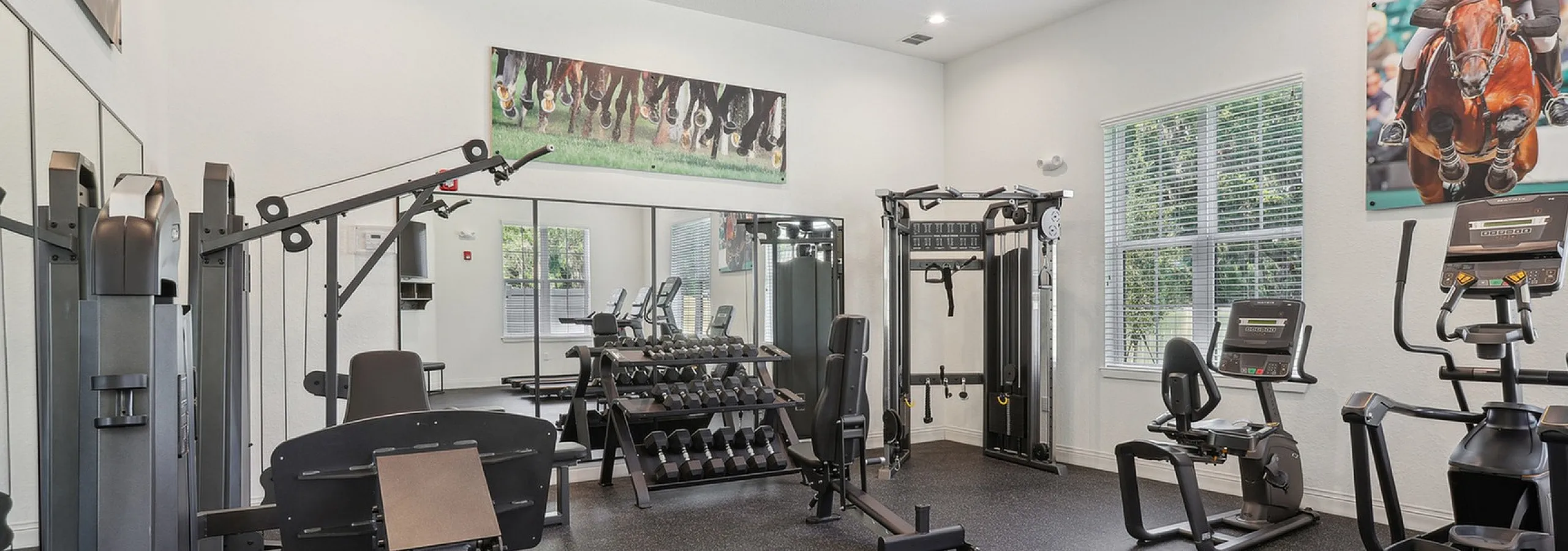 Inviting fitness center with modern exercise equipment, sleek design, and large windows for natural light.