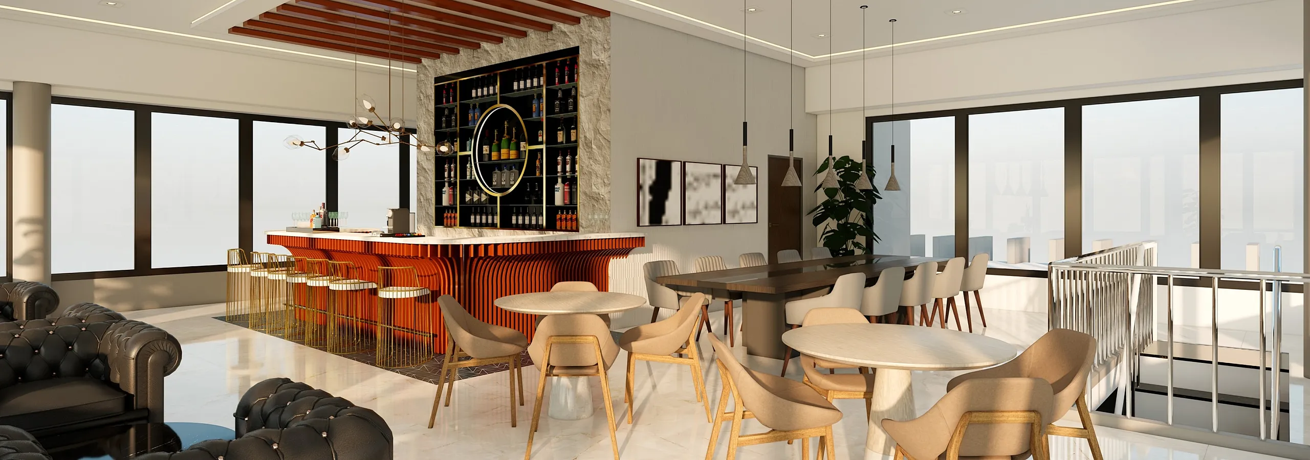 Luxurious open-concept lounge featuring a stylish bar, elegant seating, and large windows with panoramic views.