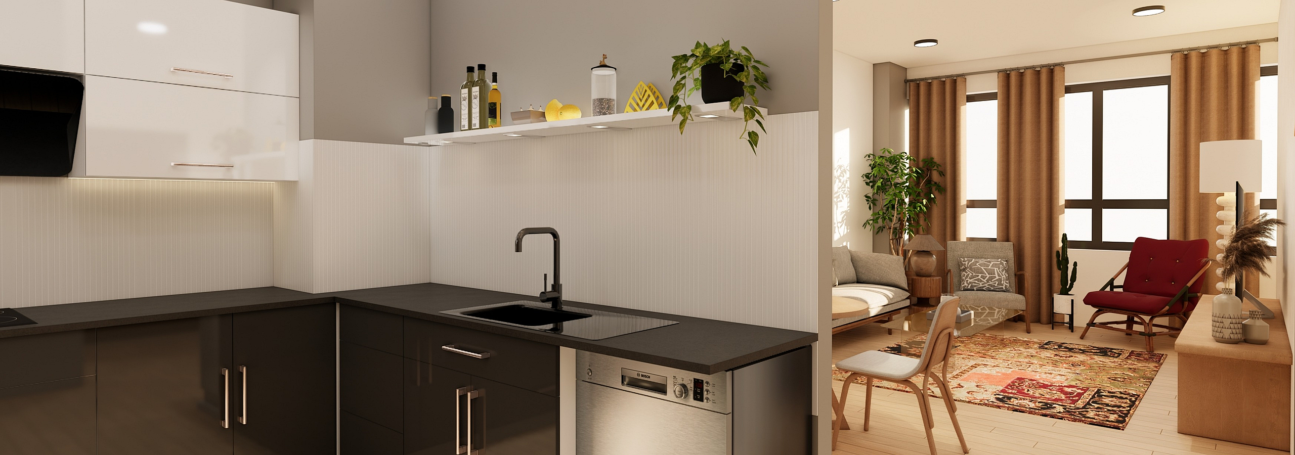 Modern open-plan kitchen and living area with sleek cabinetry, stylish decor, and natural light enhancing cozy ambiance.