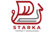 Bold and modern logo of Starka Property Management featuring a sleek, abstract design in red and gray, symbolizing innovative real estate solutions.