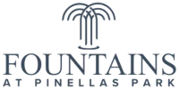 Elegant logo for Fountains at Pinellas Park featuring a stylized water fountain design.