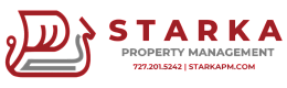 Starka Property Management logo with a sleek red and gray design, showcasing professional real estate branding.