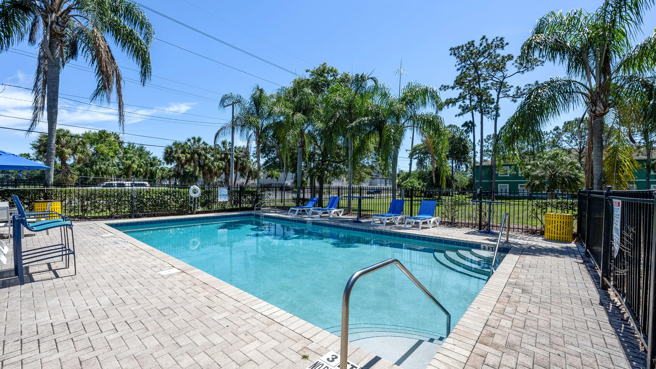 Inviting outdoor swimming pool surrounded by lush palm trees, featuring comfortable lounge chairs and a serene atmosphere for relaxation.