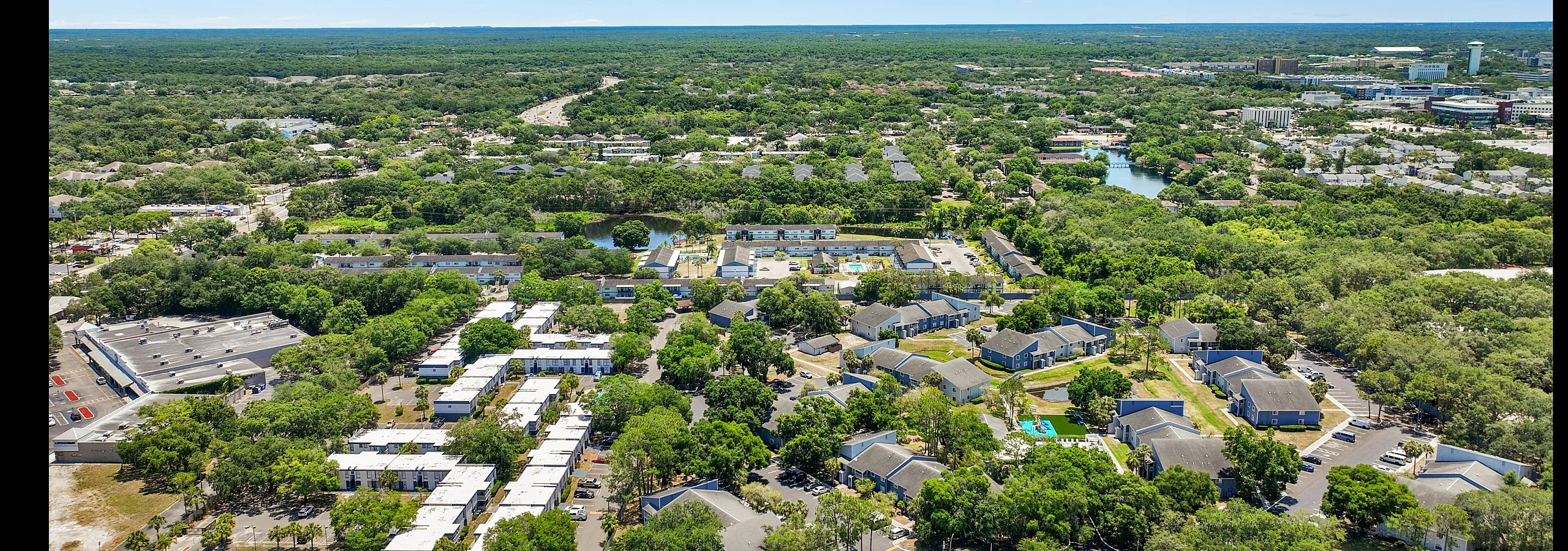 Serene aerial view of a lush residential community surrounded by abundant greenery, offering a tranquil suburban living experience.