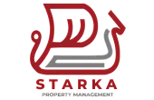 Modern red and gray logo of Starka Property Management, featuring a unique, artistic design element.