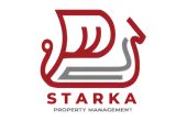 Sleek and modern Starka Property Management logo with a bold red and gray design, symbolizing reliability and sophistication.