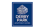 Elegant Derby Park Apartment Homes logo featuring a modern white leaf design on a deep blue background.