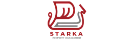 Dynamic Starka Property Management logo in bold red and gray, symbolizing modern solutions and reliable service.