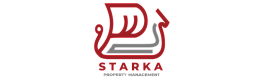 Modern logo of Starka Property Management featuring a sleek red and gray design with stylized elements.