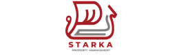 Bold and stylish logo featuring a red and gray abstract design for Starka Property Management.