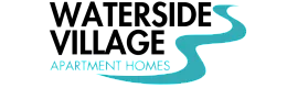Elegant logo featuring a stylized turquoise river with 'Apartment Homes' text, conveying a sense of tranquility and modern living.