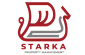 Innovative logo design for Starka Property Management, featuring a red and gray abstract emblem on a black background.