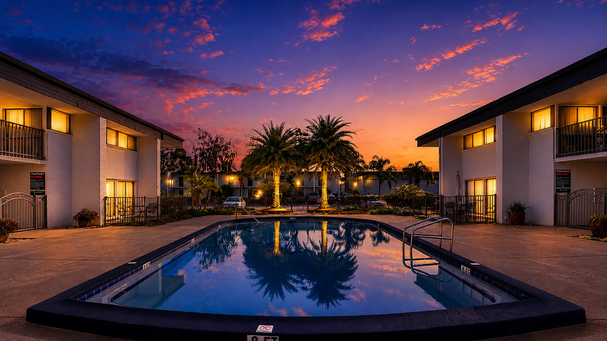 Beautiful apartment complex showcasing a pristine swimming pool surrounded by lush tropical palm trees at sunset, creating a serene and inviting atmosphere.