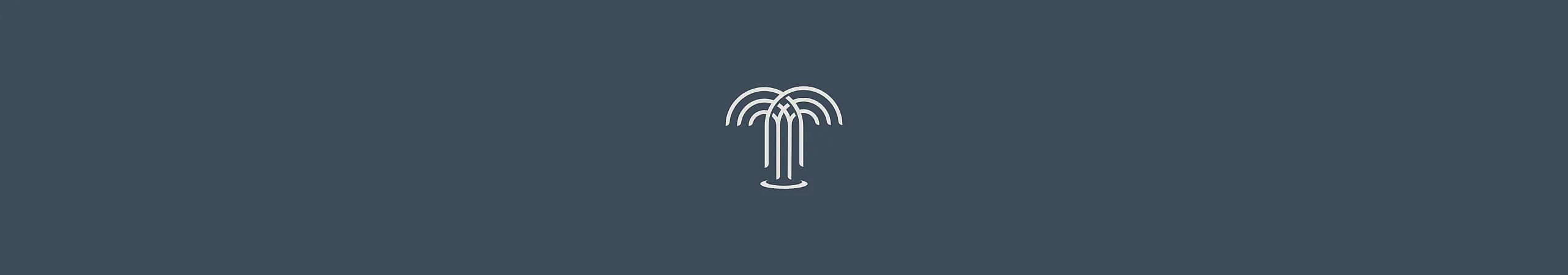 Elegant minimalist logo of a stylized fountain against a dark blue background.