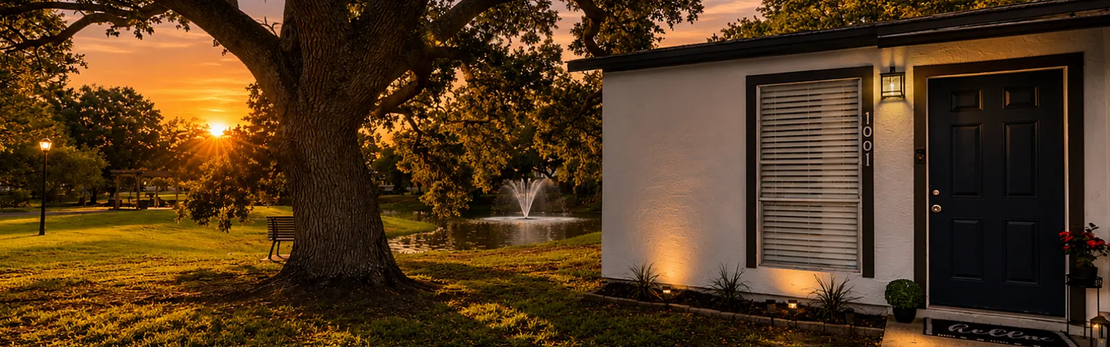 Charming home exterior at sunset, featuring a large oak tree beside a peaceful pond with a fountain, offering serene and picturesque living.