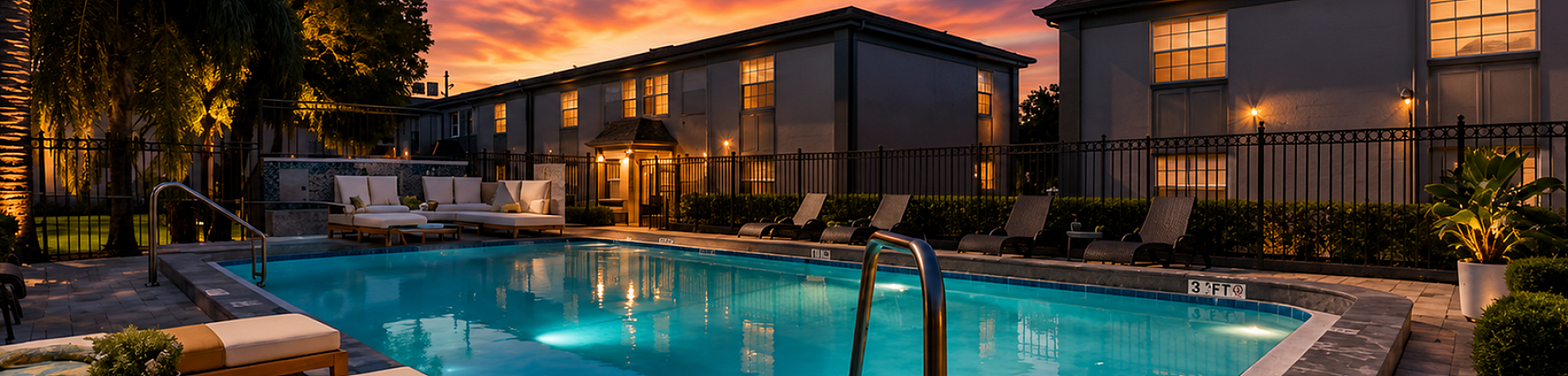 Luxurious apartment pool area at sunset featuring elegant lounge chairs and a serene atmosphere surrounded by lush greenery.