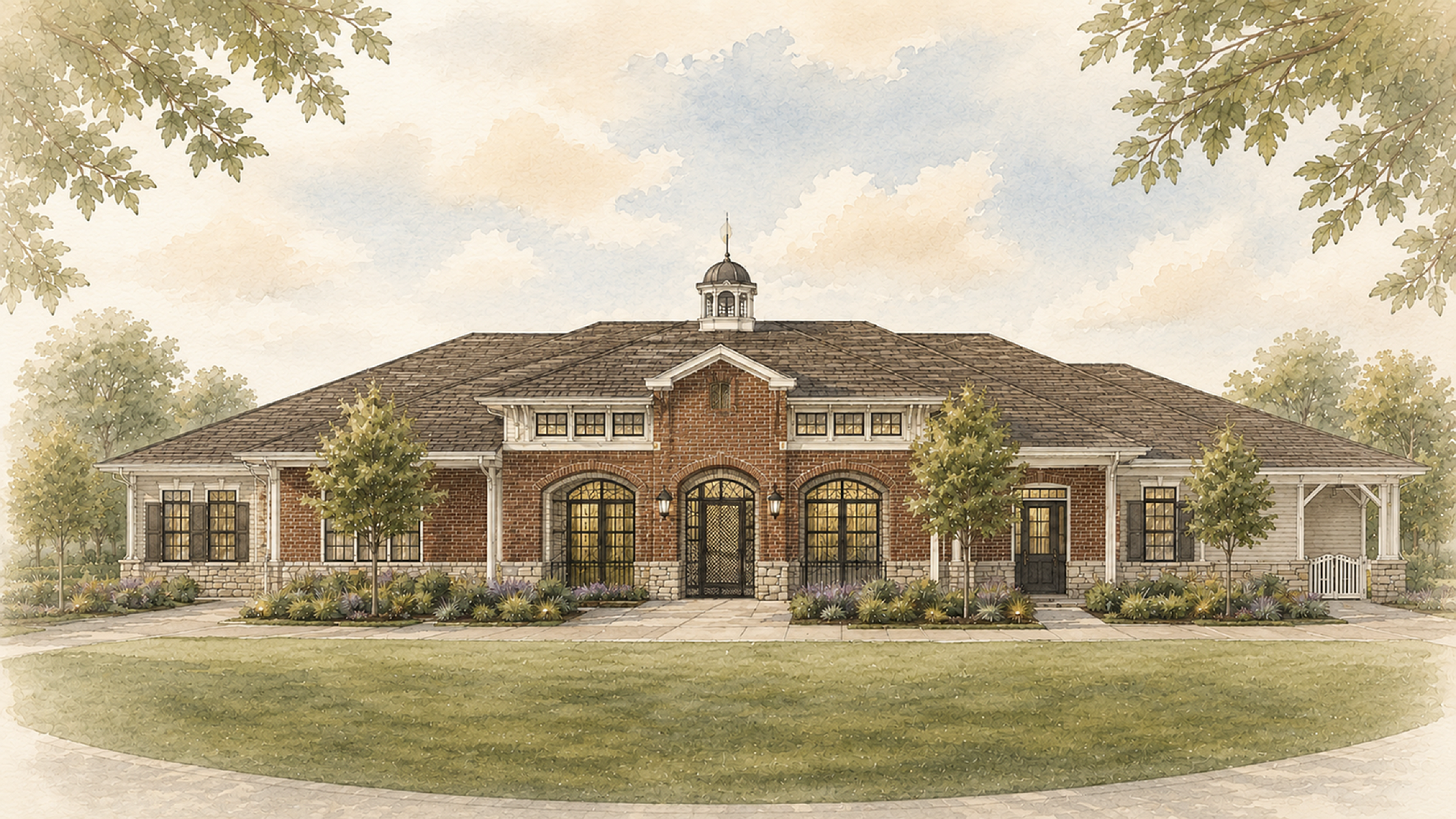 Charming watercolor illustration of a spacious brick residence with elegant arches, surrounded by lush landscaping and highlighted by a beautiful cupola on the roof.