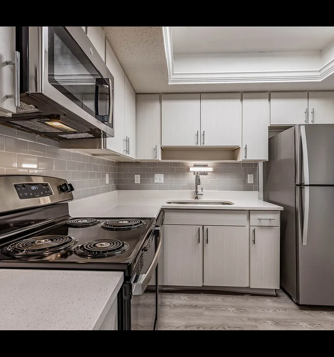 Renovated kitchen with stainless steel appliances at Nordica Bay