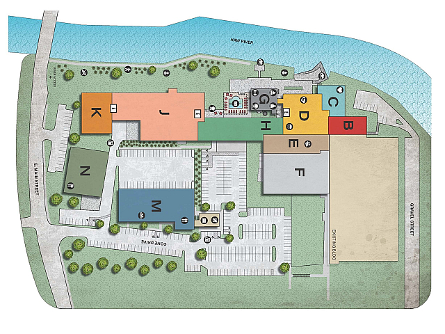 Vibrant site map for Lofts on Haw River showcasing beautifully designed sections, leisure areas, and lush landscaping along the riverside.