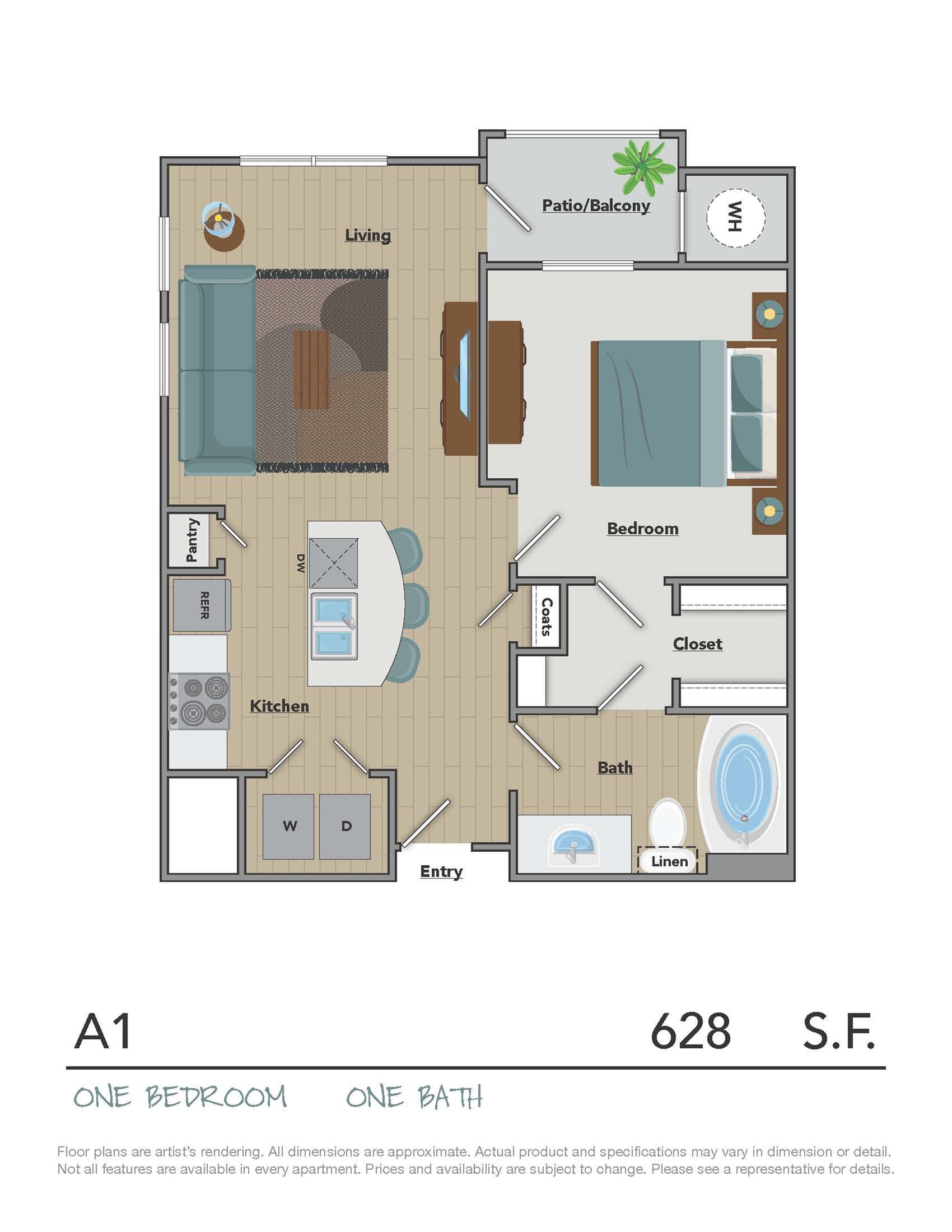 Modern A1 floor plan featuring one bedroom, one bath, and a cozy living area with open kitchen concept, 628 sq ft with a welcoming patio/balcony for relaxation.