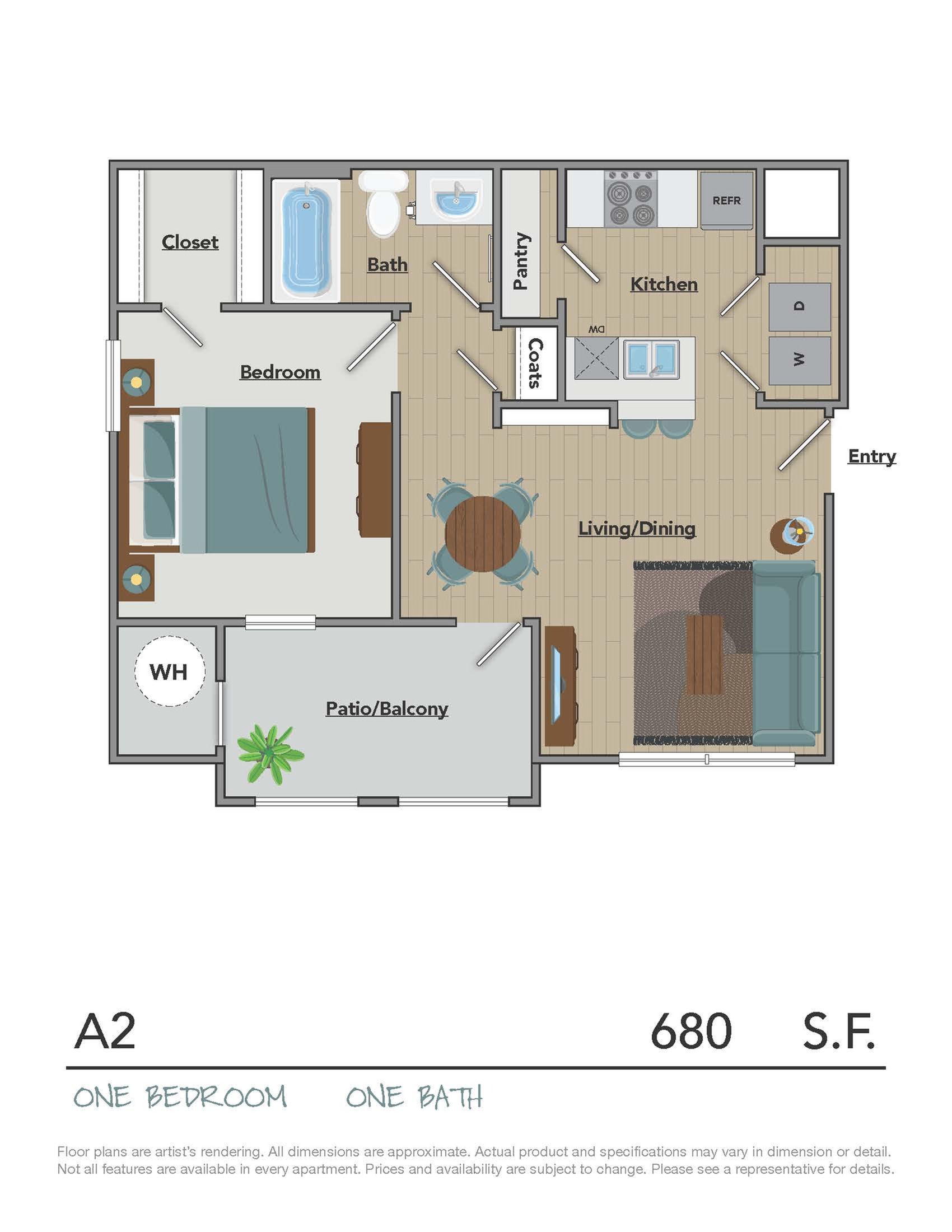 Contemporary A2 floor plan with 1 bedroom, 1 bath, and an inviting living/dining area. Features a modern kitchen, private patio/balcony, and efficient layout across 680 sq ft.