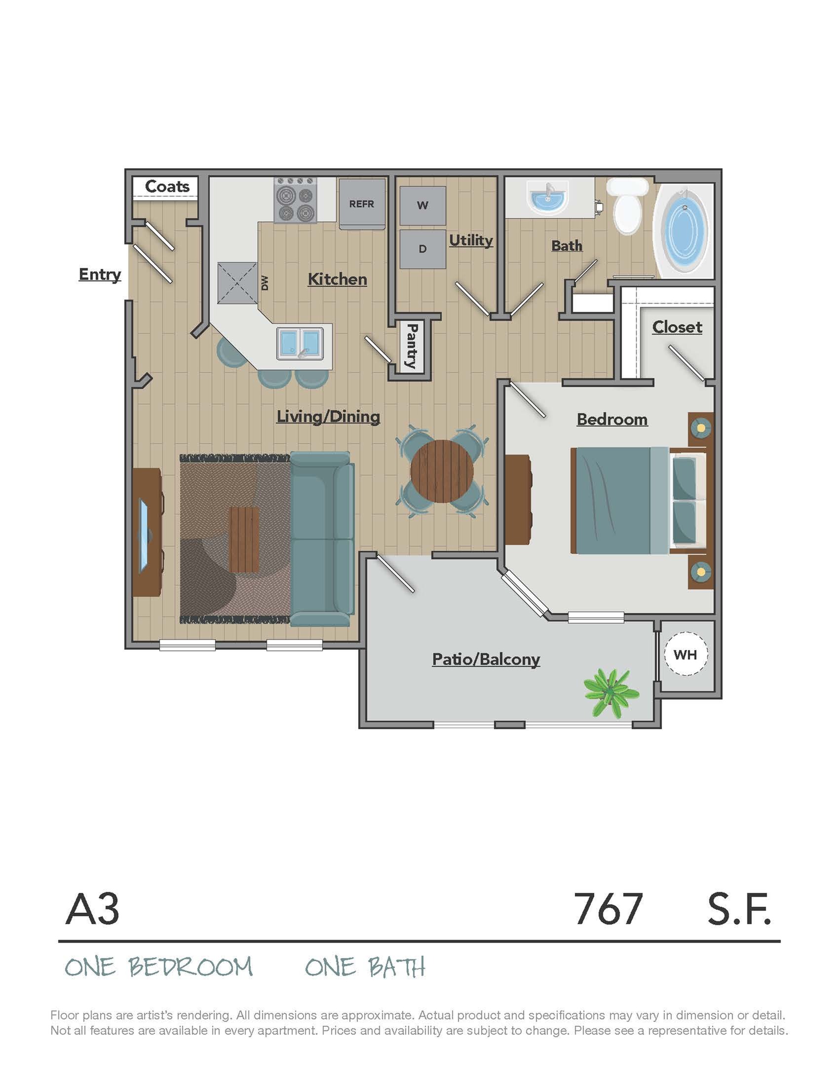 Elegant floor plan A3 featuring 1 bedroom, 1 bath, a modern kitchen, and a cozy living/dining area with access to a spacious patio/balcony, 767 sq ft.