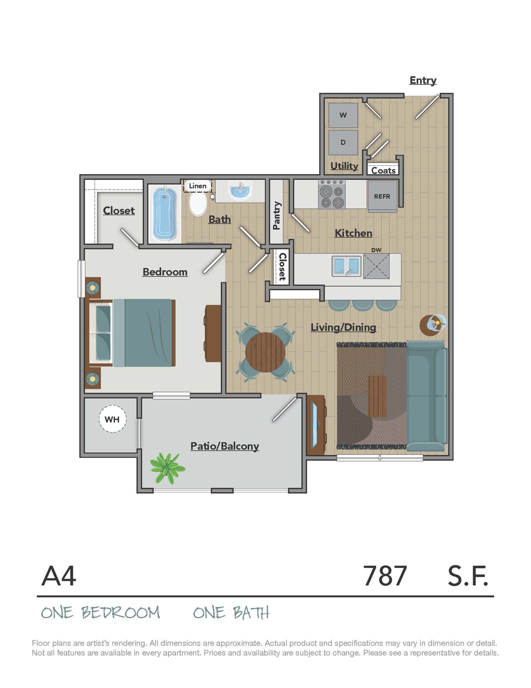 Modern A4 floor plan showcasing one bedroom, one bath with open living/dining area, equipped kitchen, and a serene patio/balcony, 787 sq ft.