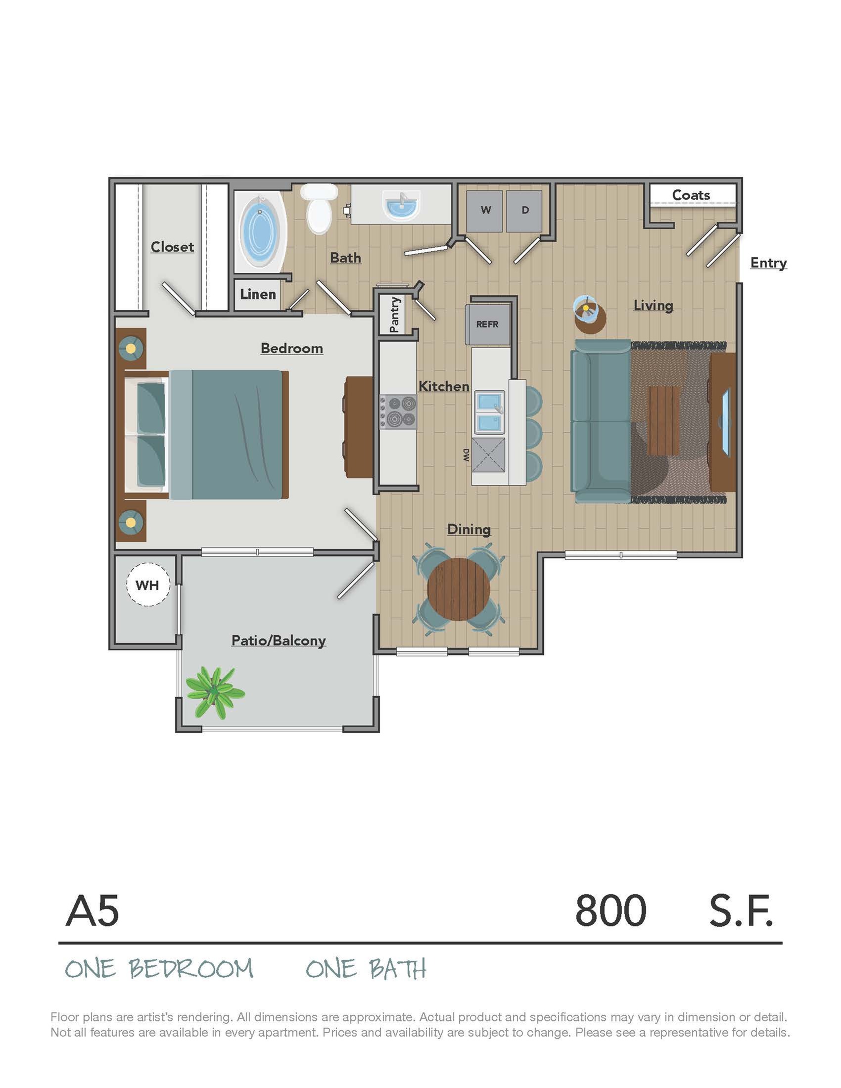 Chic 1-bedroom apartment floor plan with open-concept living and dining area, modern kitchen, spacious balcony, and 800 sq ft of comfort.