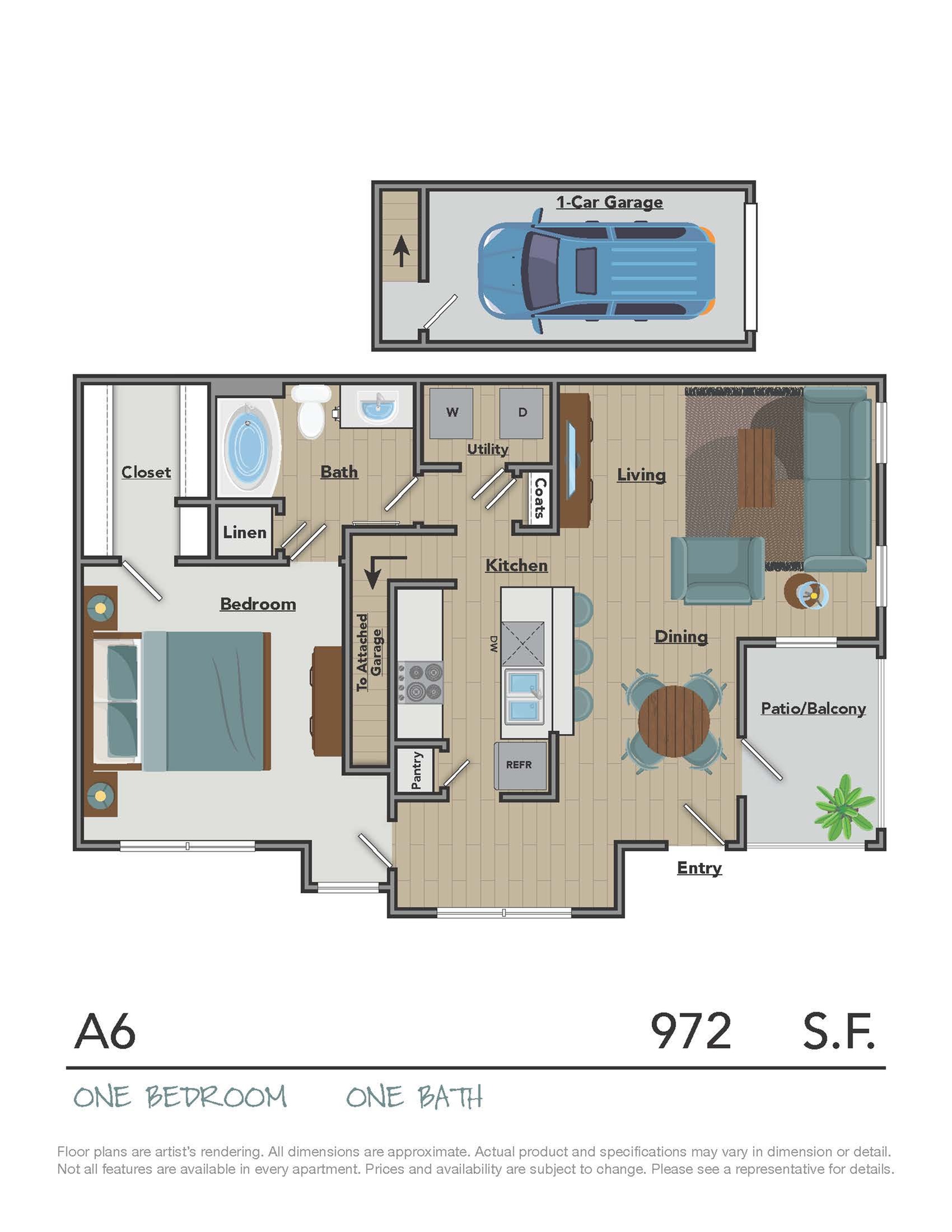 Modern A6 floor plan featuring one bedroom and one bath, with open-concept kitchen and living area, dining space, private patio, and attached garage, totaling 972 sq ft.