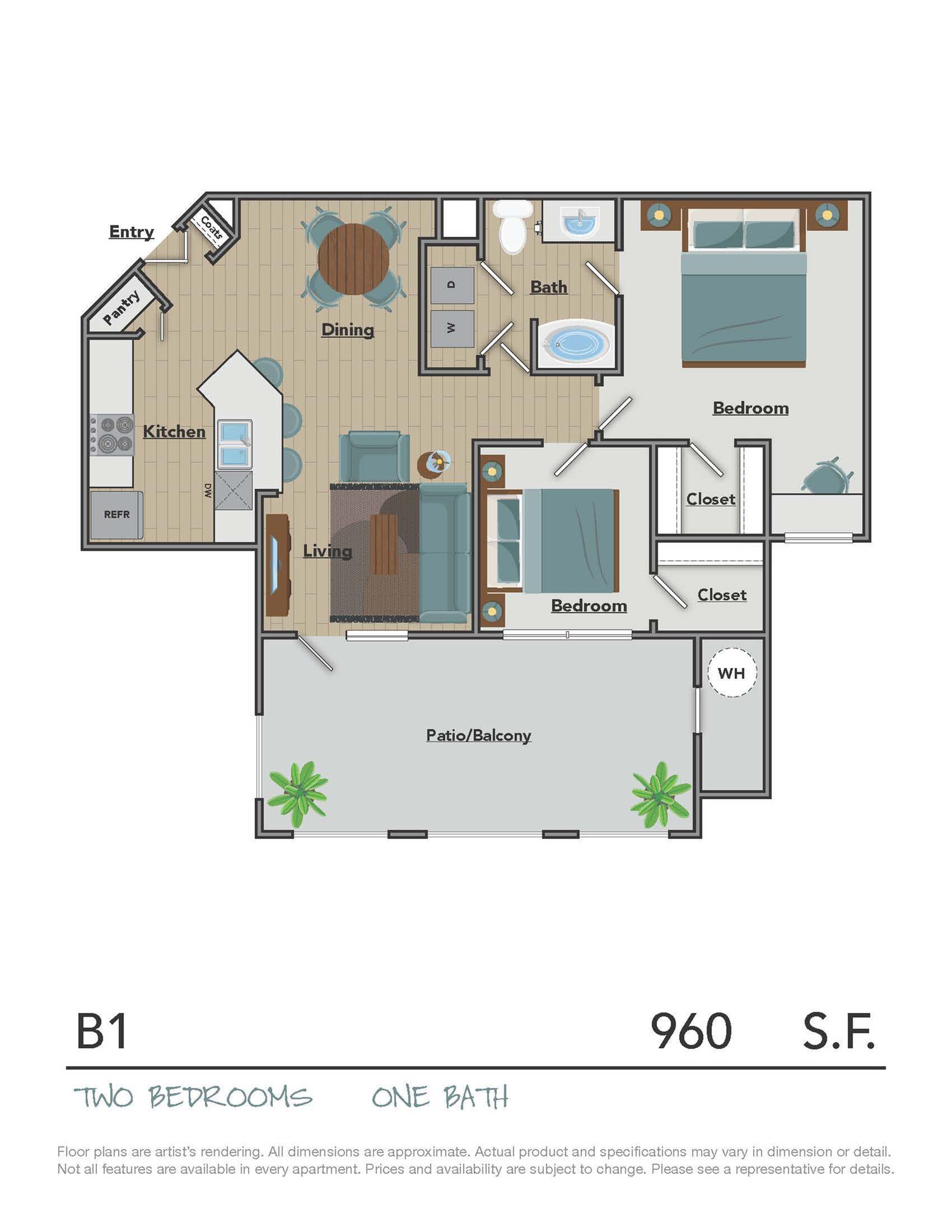 Charming B1 floor plan featuring two bedrooms, spacious living and dining area, modern kitchen, and inviting patio/balcony, all within 960 sq ft.