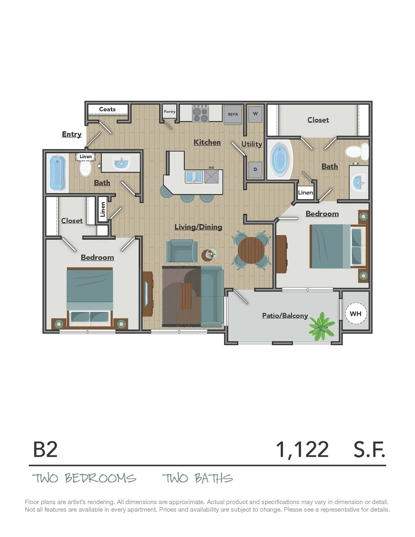 Modern B2 floor plan with 2 spacious bedrooms, 2 baths, an open-concept kitchen, and living/dining area. Includes a utility room and a cozy patio/balcony, all within 1,122 sq ft.